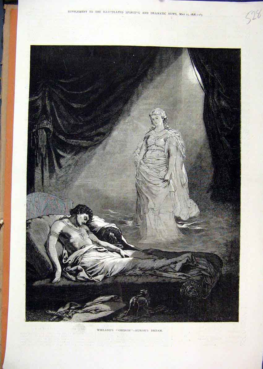 Original Old Antique Print Wieland Oberon 1878 Huron Dream Man Sleeping Theatre