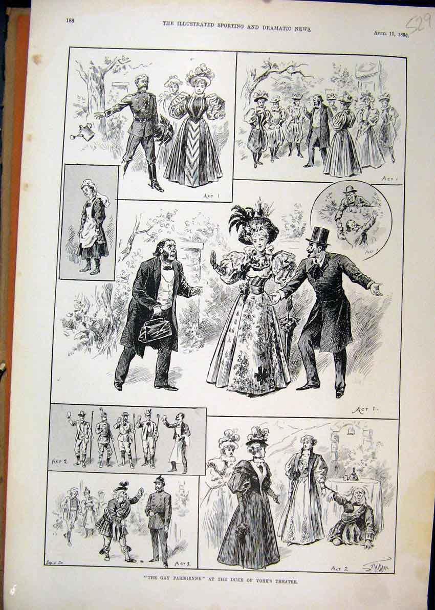 Original Old Antique Print 1896 Duke York Theatre Gay Parisienne Romance Scene