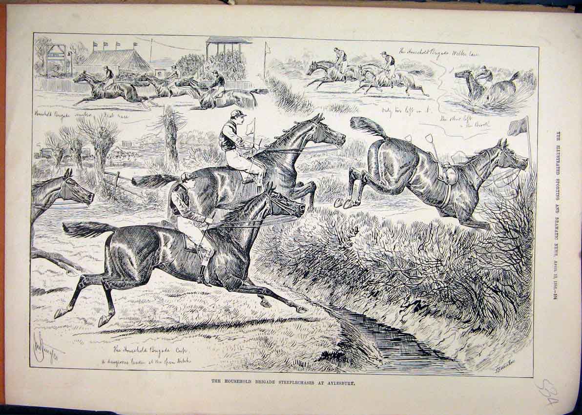 Original Old Antique Print 1886 HousehBrigade Steeplechase Aylesbury Horse 19th