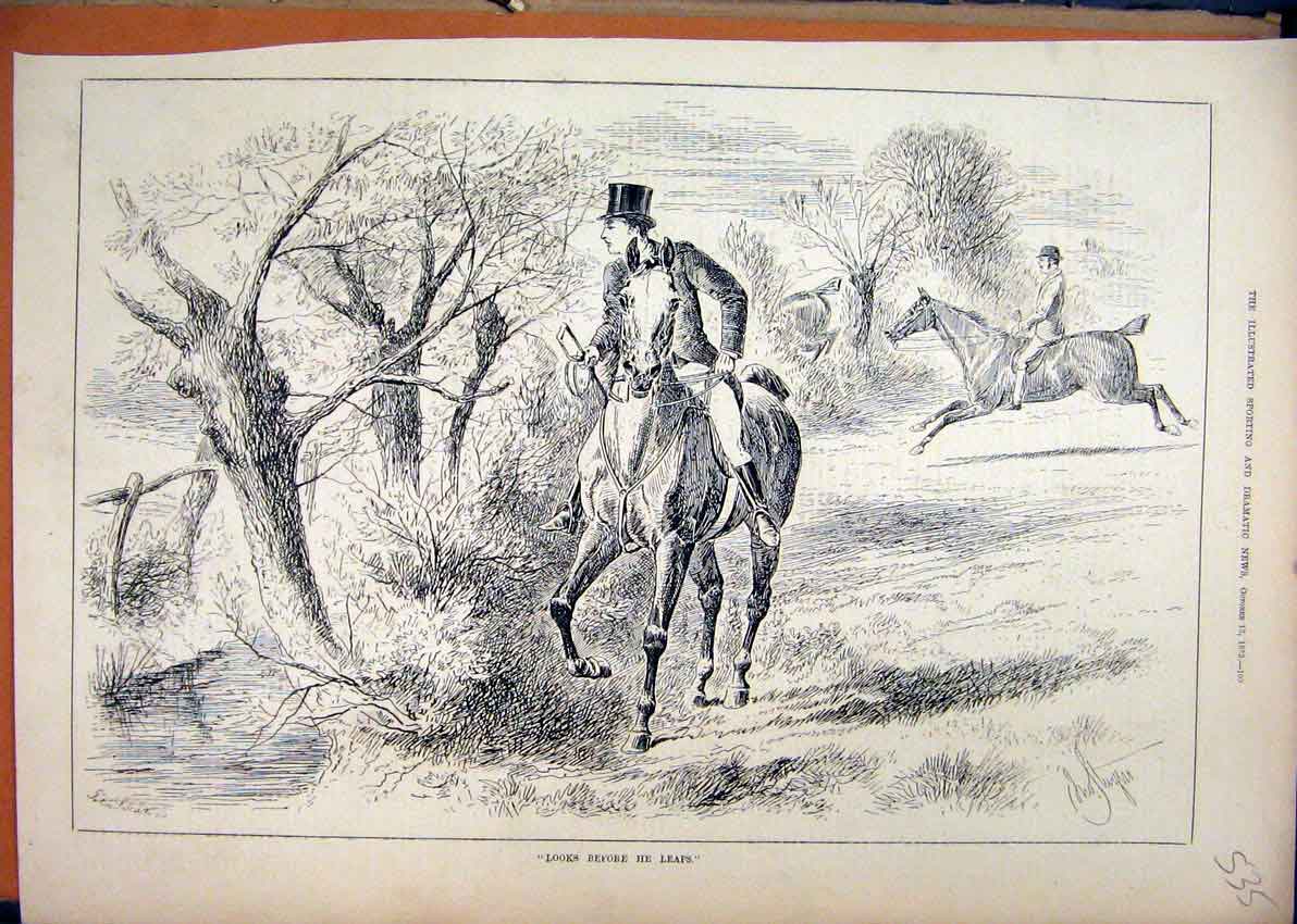 Original Old Antique Print 1883 Country Scene Horse Rider Man Jumping Running