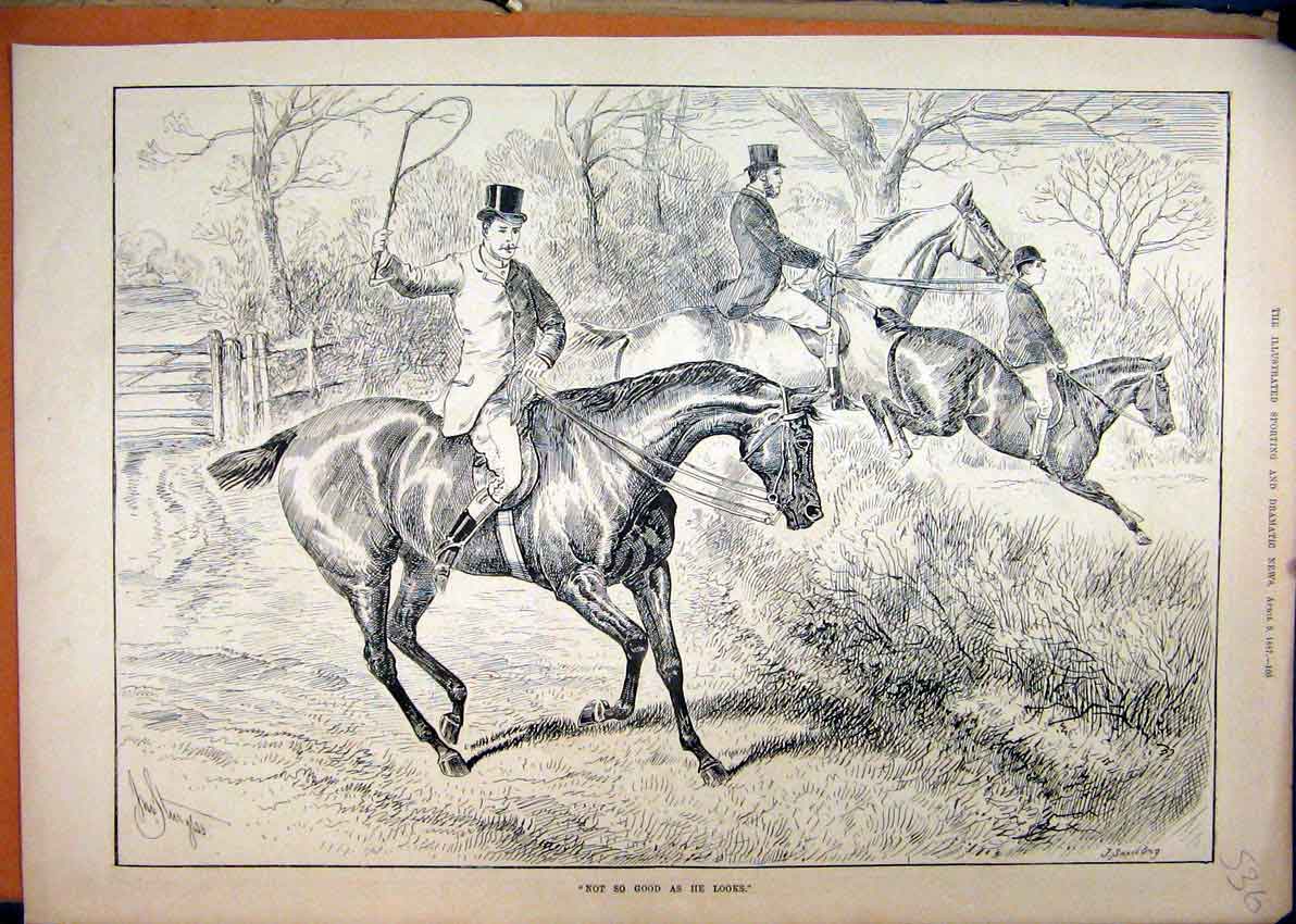 Original Old Antique Print 1887 Country Scene Horse Jumping Hedge Refusing 19th