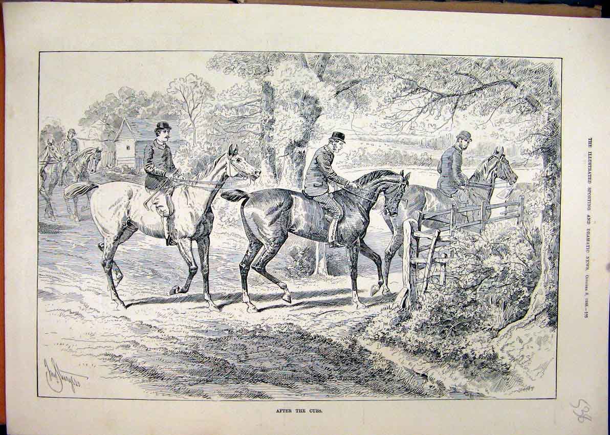 Old Antique Print 1888 Fox Hunting Horses Riders Gate Country Scene Tree 19th
