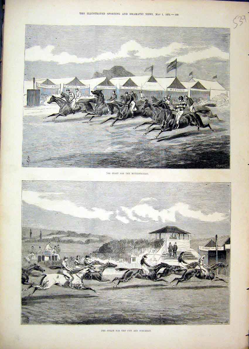 Original Old Antique Print Horse Racing 1875 Metropolitan City Suburban Finish