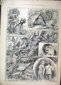 Original Old Antique Print 1892 Monkey Shooting India Camp Men Gun Trees 19th