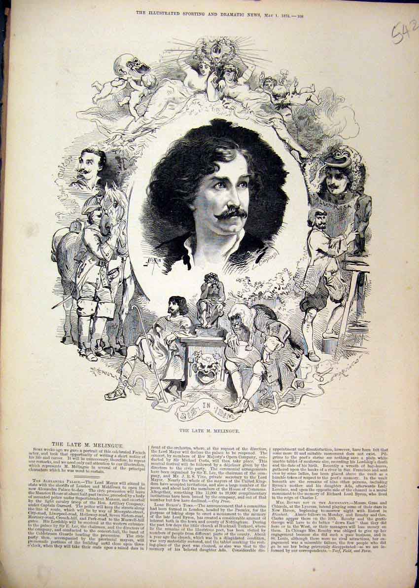 Original Old Antique Print 1875 Portrait Melingue French Actor 19th