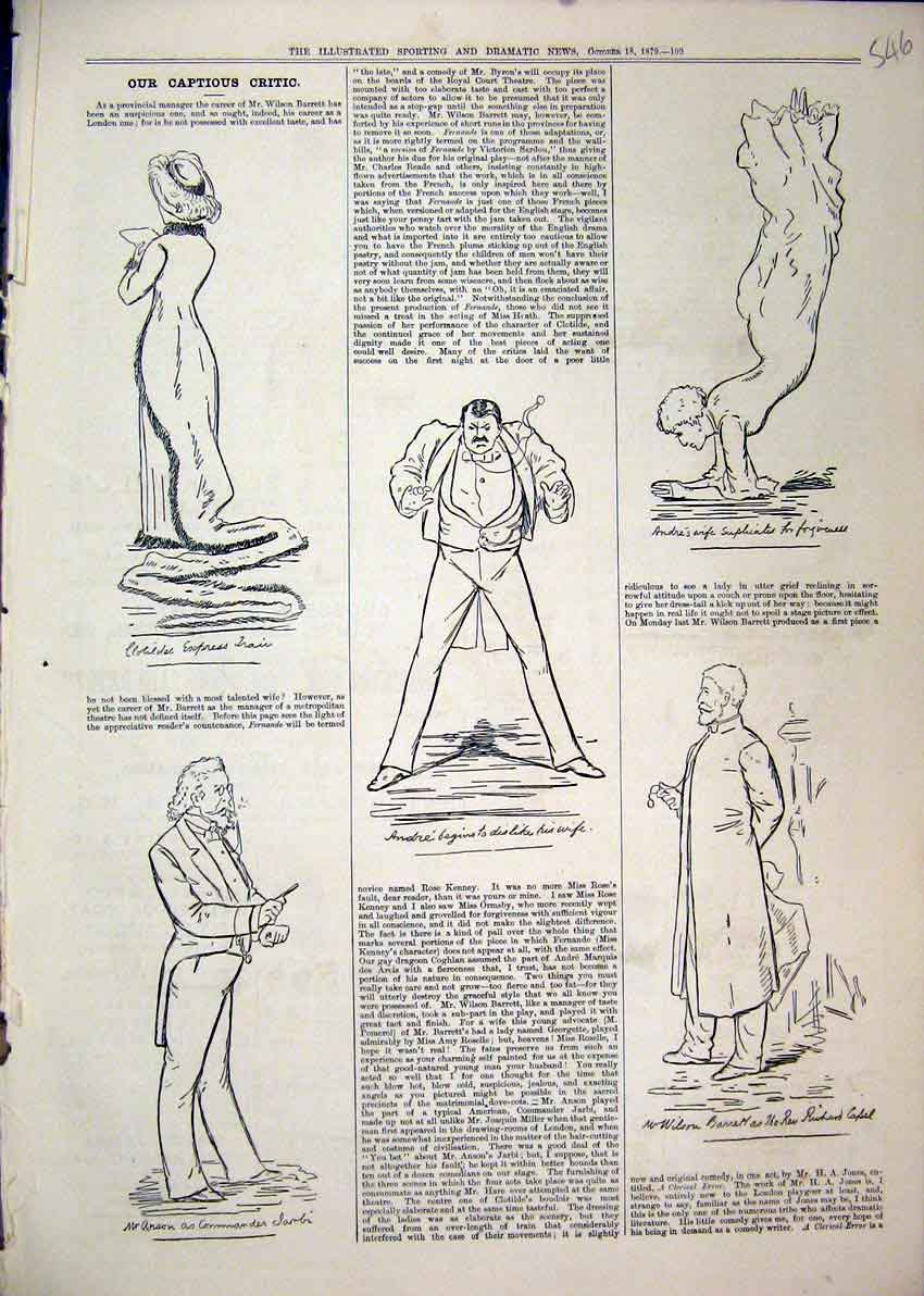 Original Old Antique Print 1879 Sketches Anson Andre Wife Wilson Theatre Comedy