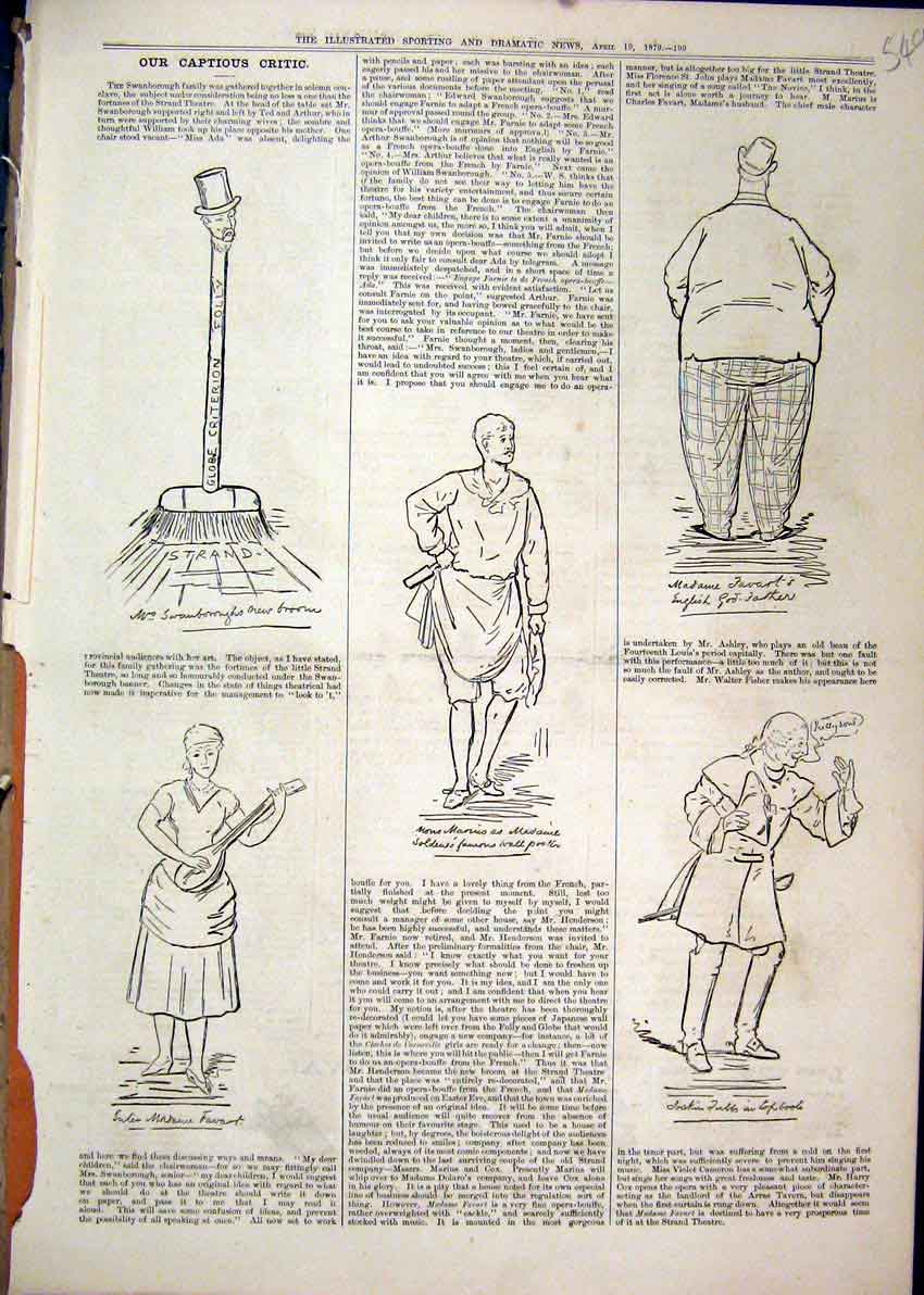 Old Antique Print 1879 Woman Music Broom Fat Man Comedy Theatre Sketches 19th
