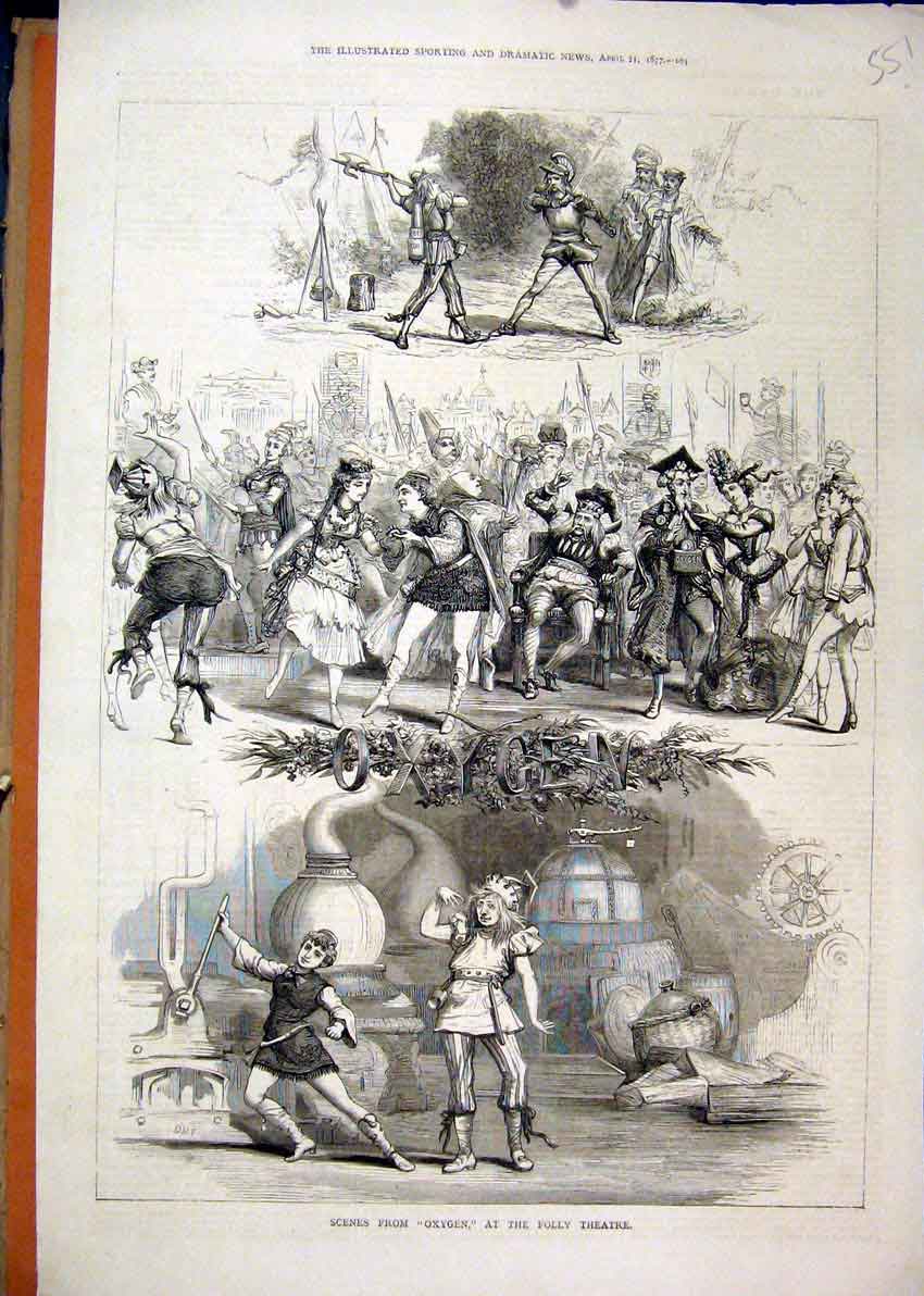 Old Antique Print 1877 Scene Oxygen Folly Theatre Dancing Sword Fighting 19th