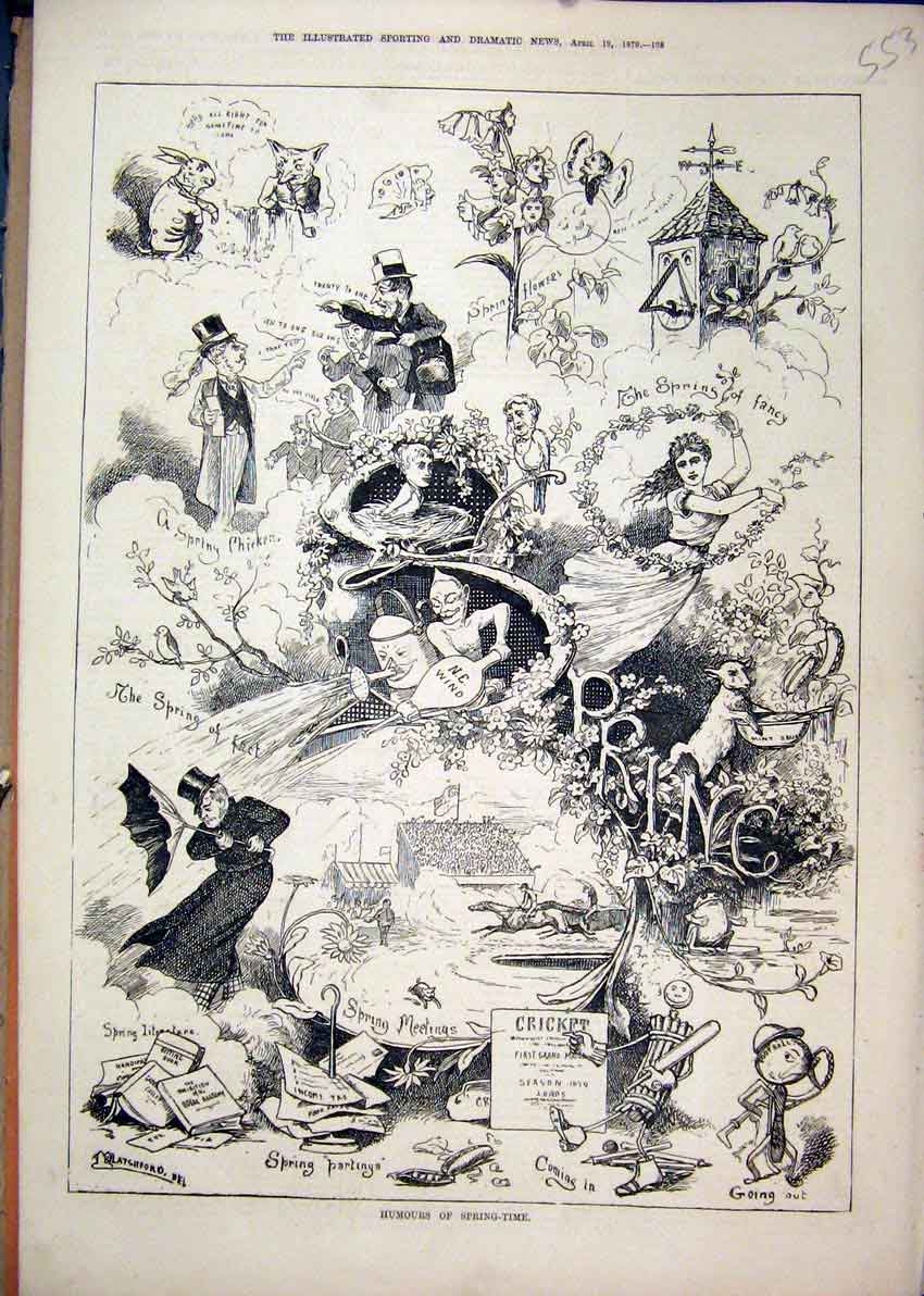 Original Old Antique Print 1879 Humours Spring Time Wind Cricket Tower Bird Fox