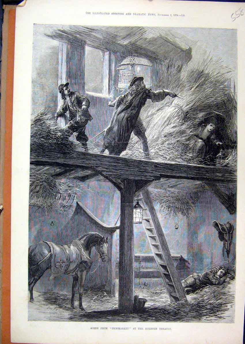 Original Old Antique Print 1874 Scene Newmarket Holburn Theatre Barn Man Horse