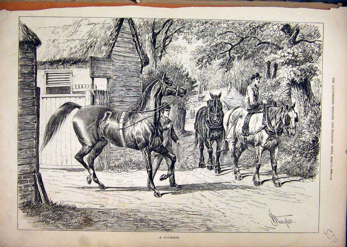 Original Old Antique Print 1878 Country Scene Horses Men Rider Trees Victorian