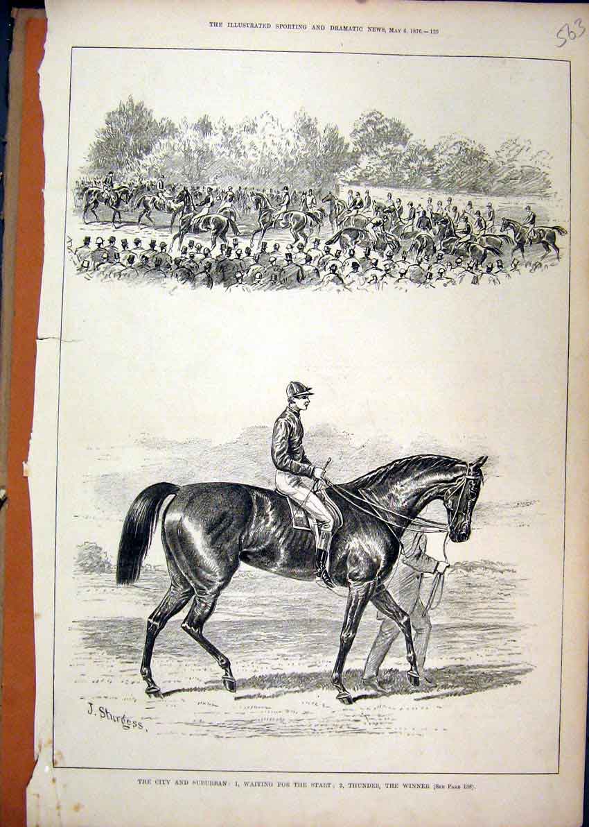 Original Old Antique Print Horse Racing 1876 City Suburban Thunder Winner 19th
