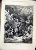 Original Old Antique Print 1879 House Scene Mountain Storm Family Country Goat