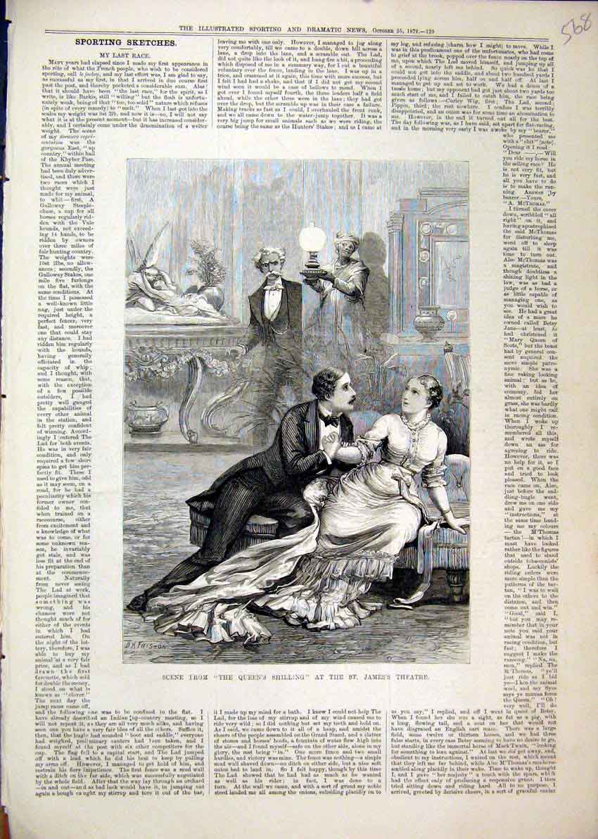 Original Old Antique Print Theatre Scene 1879 Queen Shilling James Romance 19th