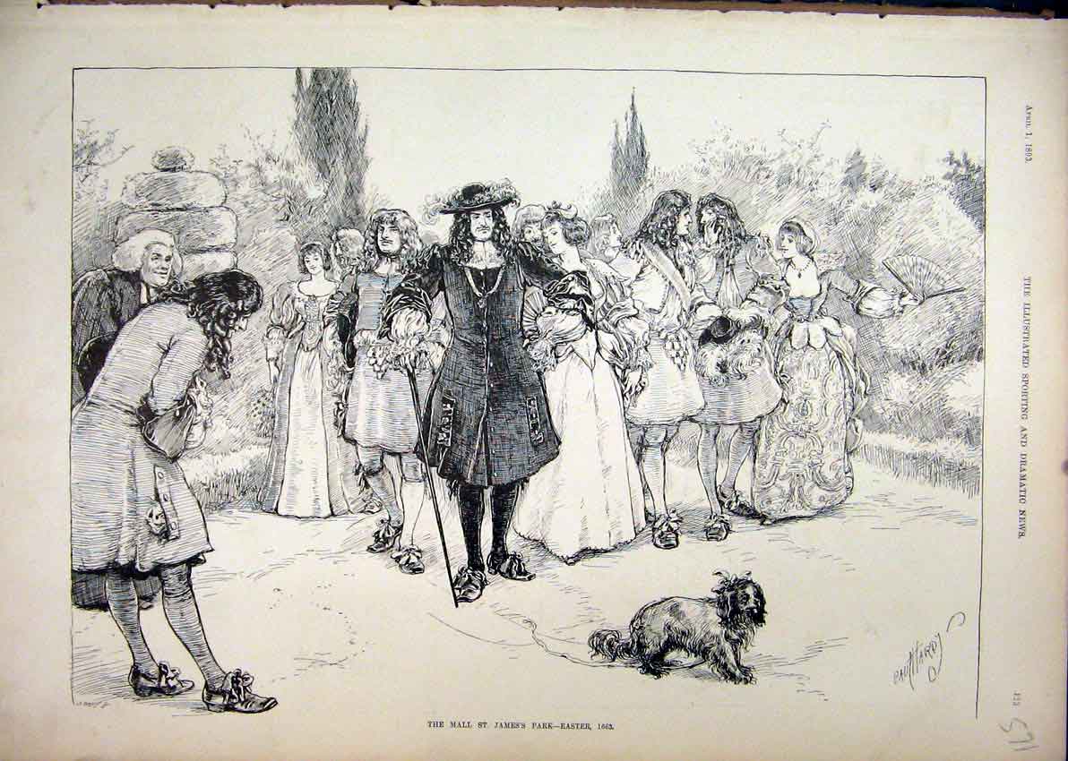 Original Old Antique Print 1893 Mall James Park Easter Time Romance Dog 19th
