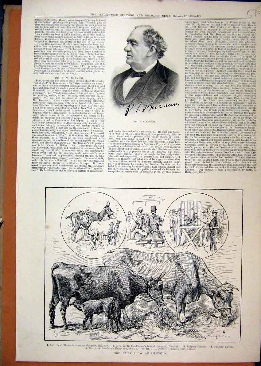 Original Old Antique Print Portrait Barnum 1889 Dairy Show Islington Cow Goat