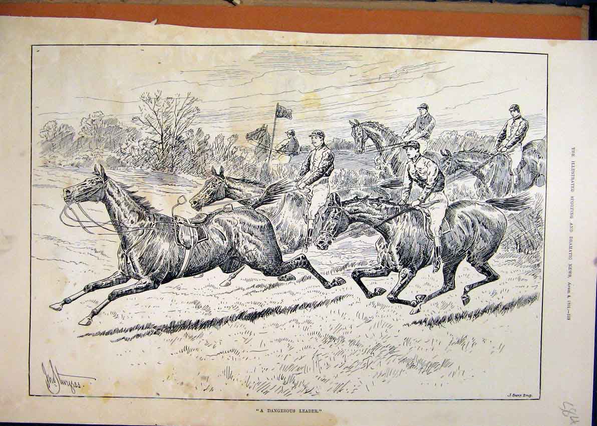 Original Old Antique Print Horse Race 1891 Jumping Fence Jockey Fallen Victorian