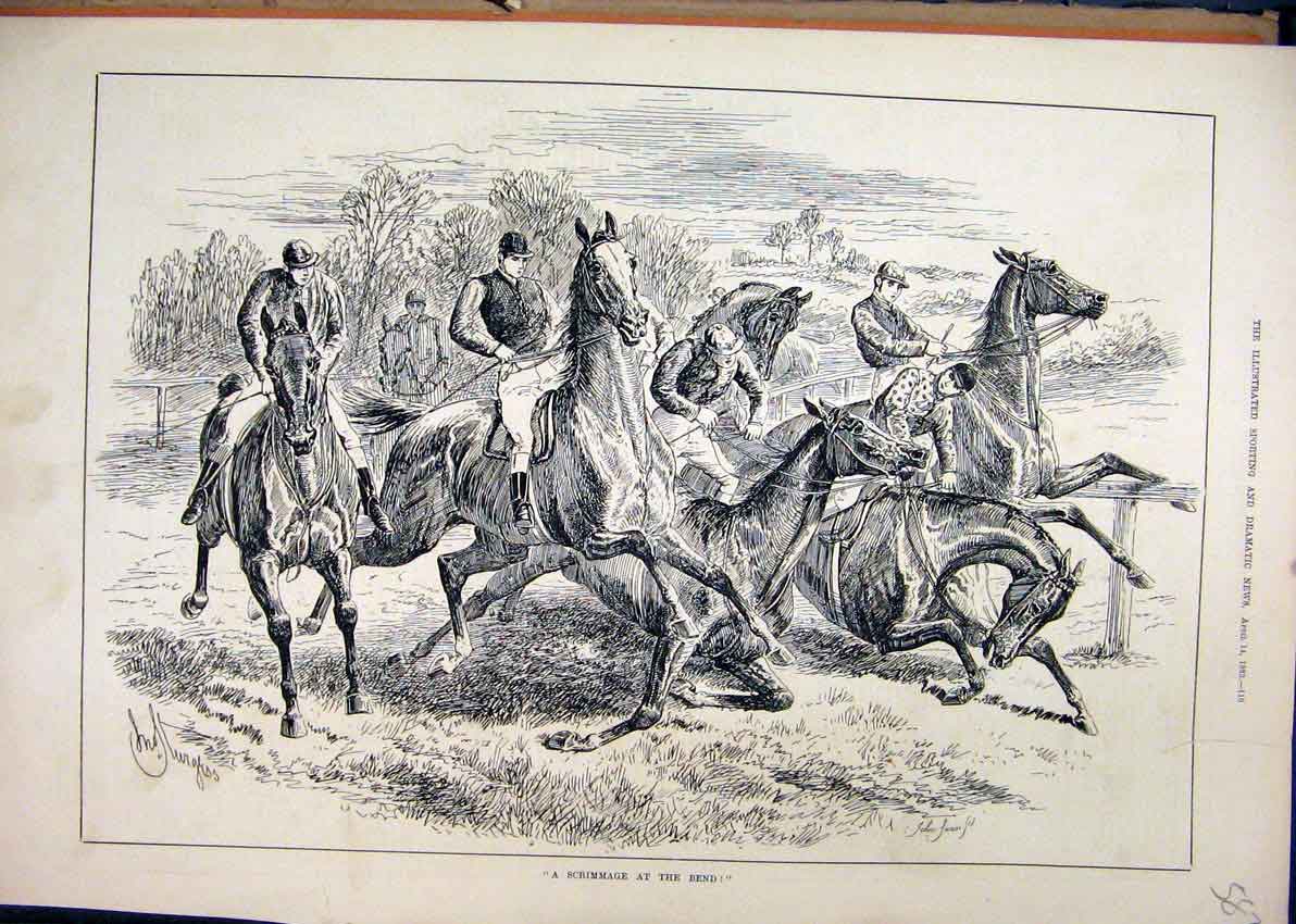 Original Old Antique Print 1883 Horse Race Jumping Fence Falling Riders 19th