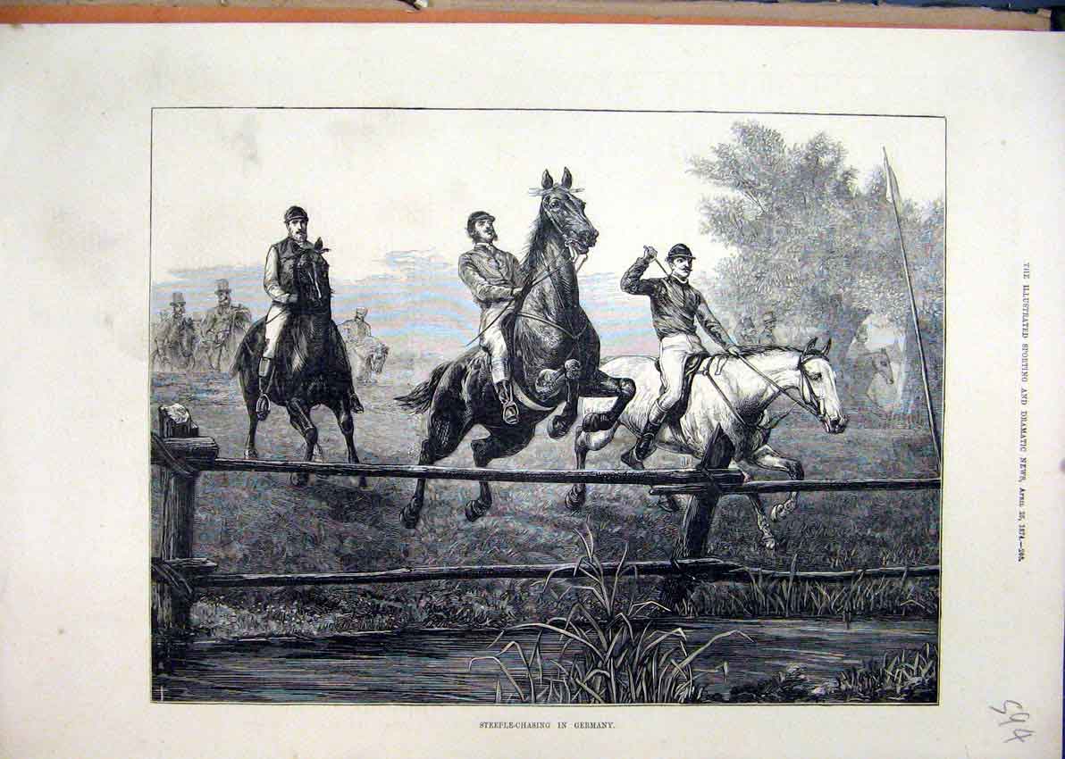 Original Old Antique Print 1874 Steeple-Chasing Germany Horses Jumping Victorian