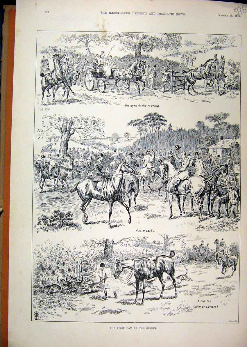 Original Old Antique Print Fox Hunting Season 1895 Horse Carriage Hounds 19th