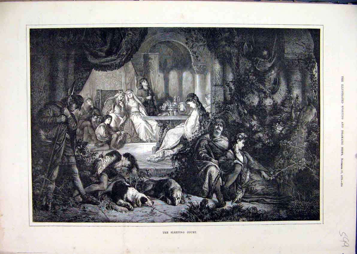 Original Old Antique Print 1879 Sleeping Court Man Woman Dogs Theatre Scene 19th