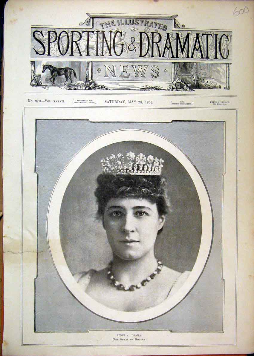 Original Old Antique Print 1892 Portrait Woman Crown Sport Drama Milford 19th