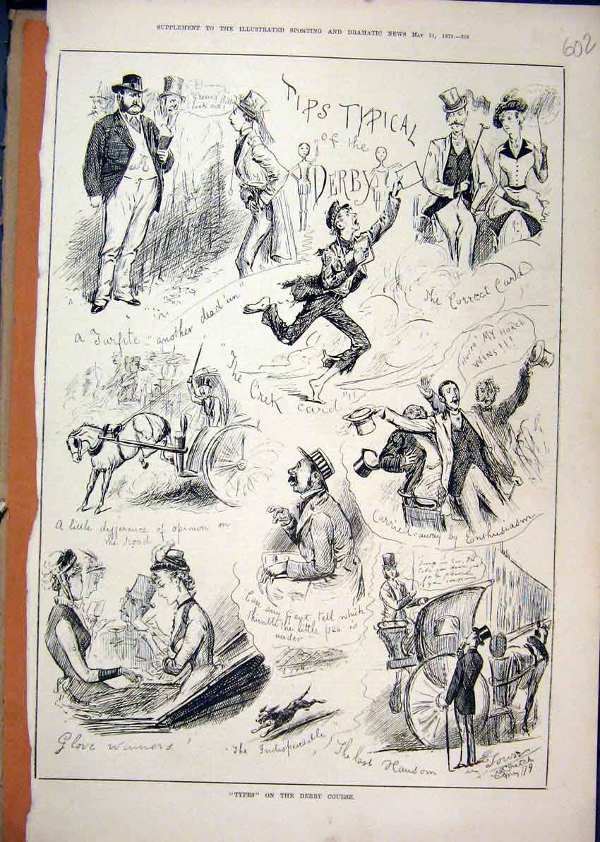 Original Old Antique Print 1879 Derby Horse Racing Men Singing Women Romance