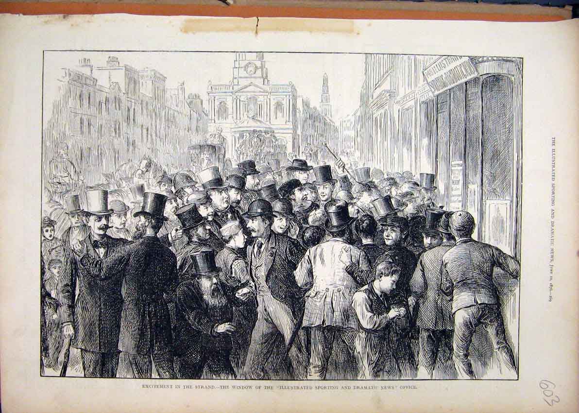 Original Old Antique Print Men Excitement Strand 1876 Window News Office 19th