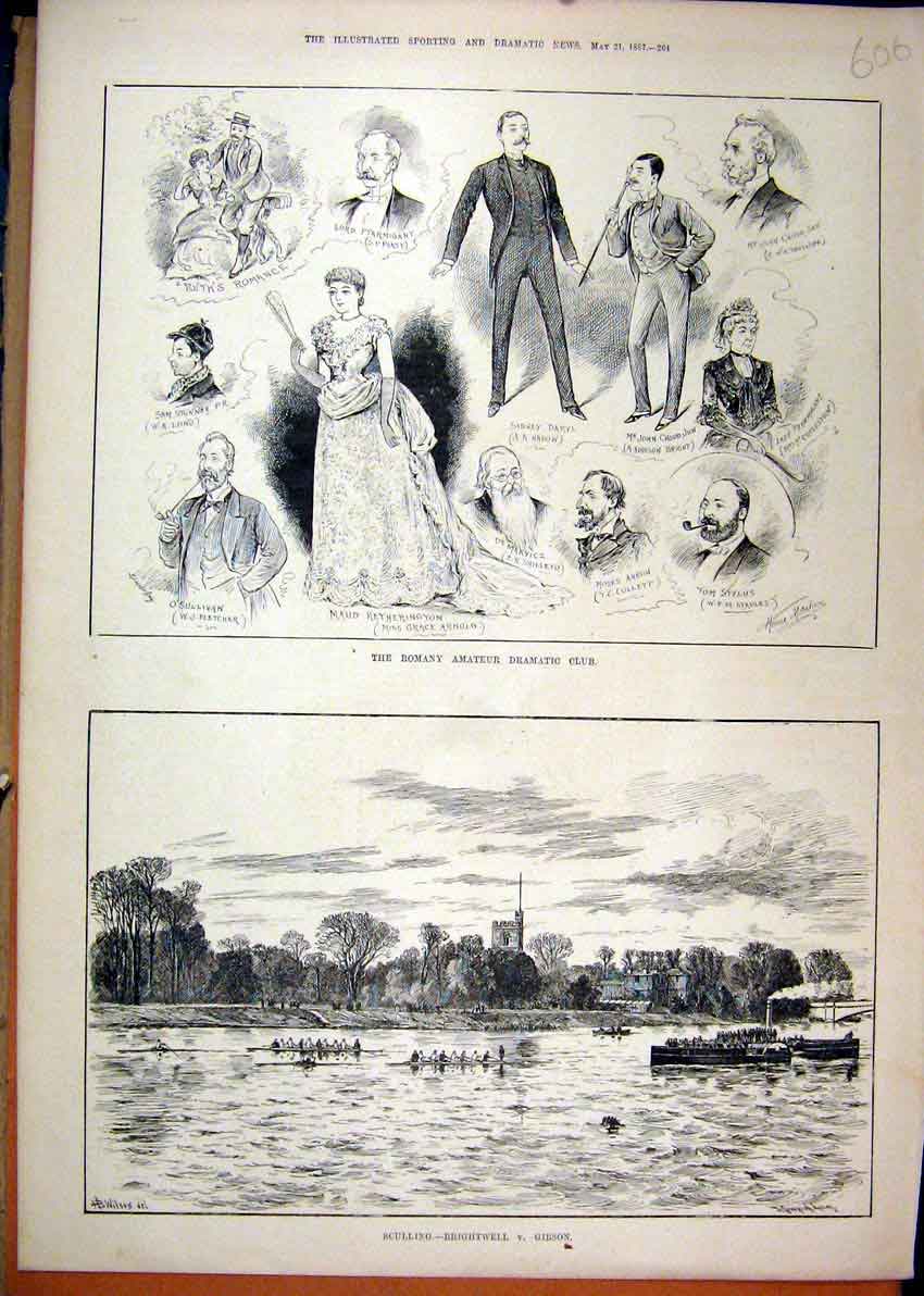 Original Old Antique Print 1887 Romany Amateur Dramatic Club Sculling Race River
