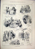 Original Old Antique Print 1879 Brighton Season Lost Child Seaside Men Reading