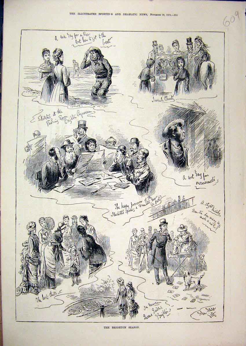 Original Old Antique Print 1879 Brighton Season Lost Child Seaside Men Reading