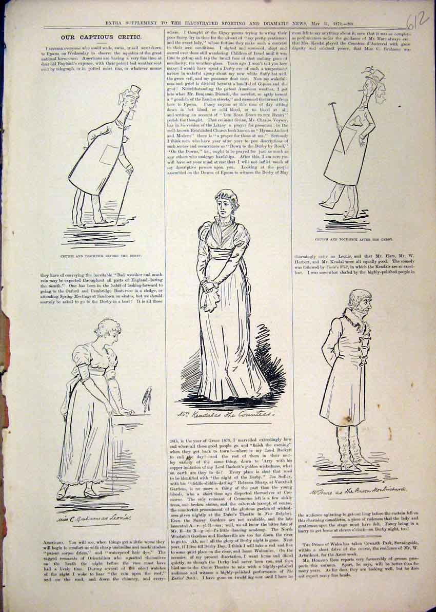 Original Old Antique Print Comedy Sketches 1879 Crutch Toothpick Women Hare Mr