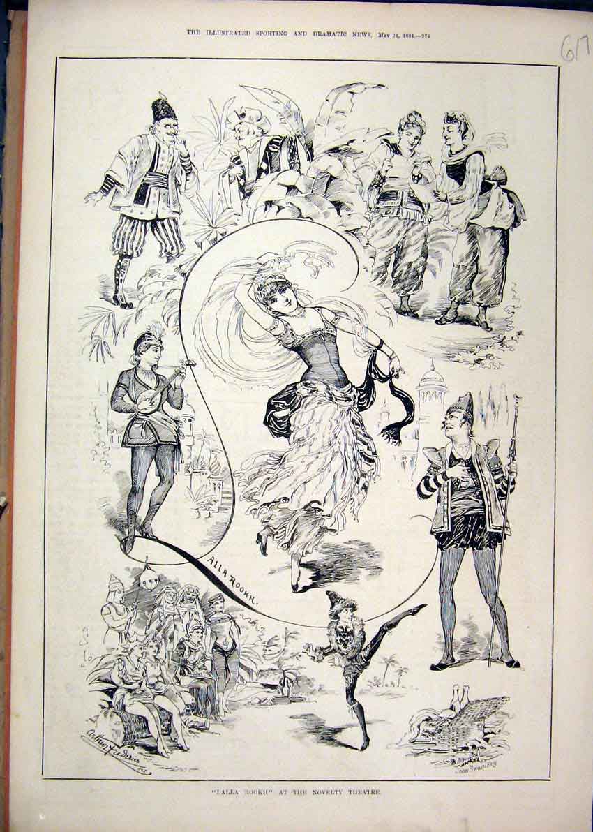 Original Old Antique Print Dalla Rookh 1884 Novelty Theatre Dancing Victorian