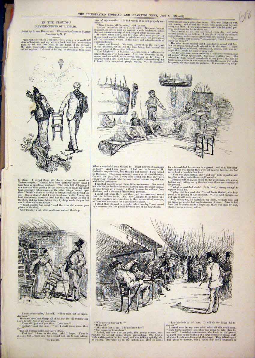 Original Old Antique Print Hot Air Balloon 1879 Chair Men Sitting 19th