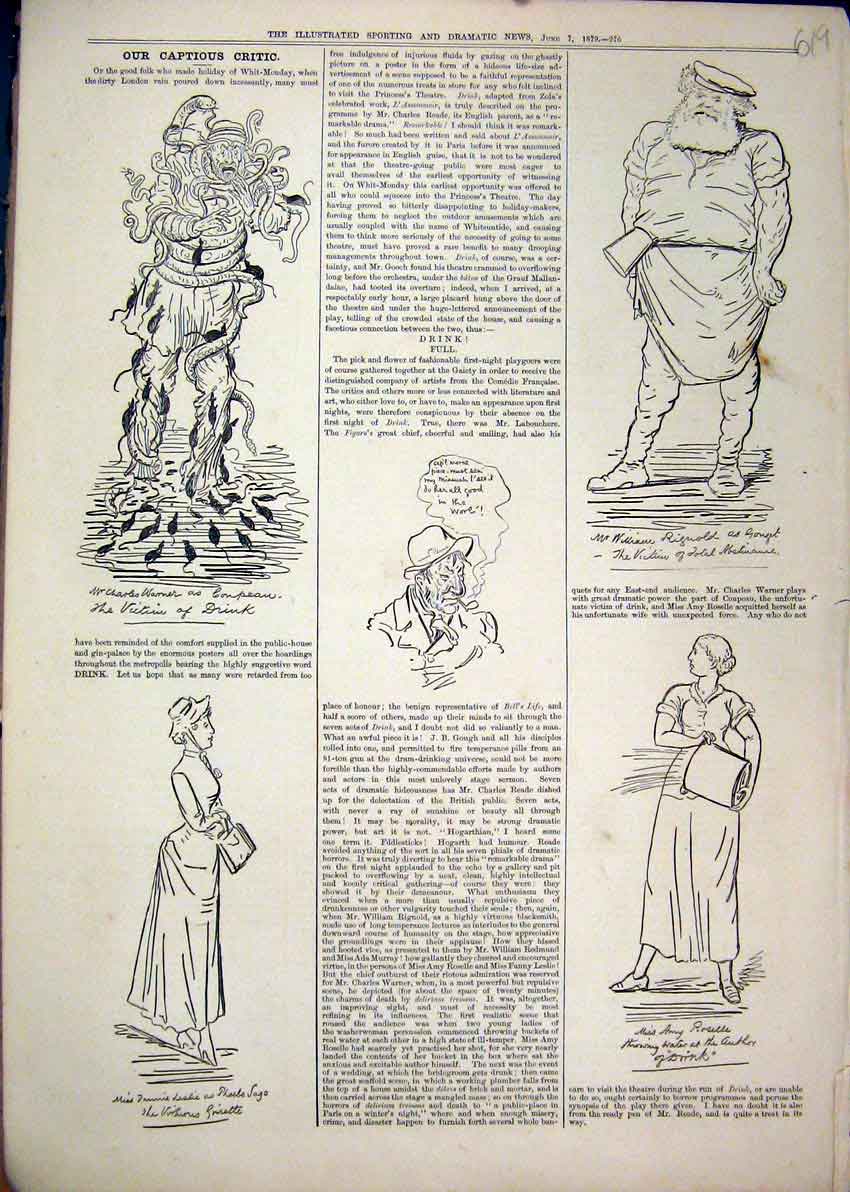 Original Old Antique Print 1879 Comedy Sketches Man Snakes Women Bag Fat Man