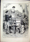 Original Old Antique Print 1884 Men Woman Wooden Fence Style Romance Victorian