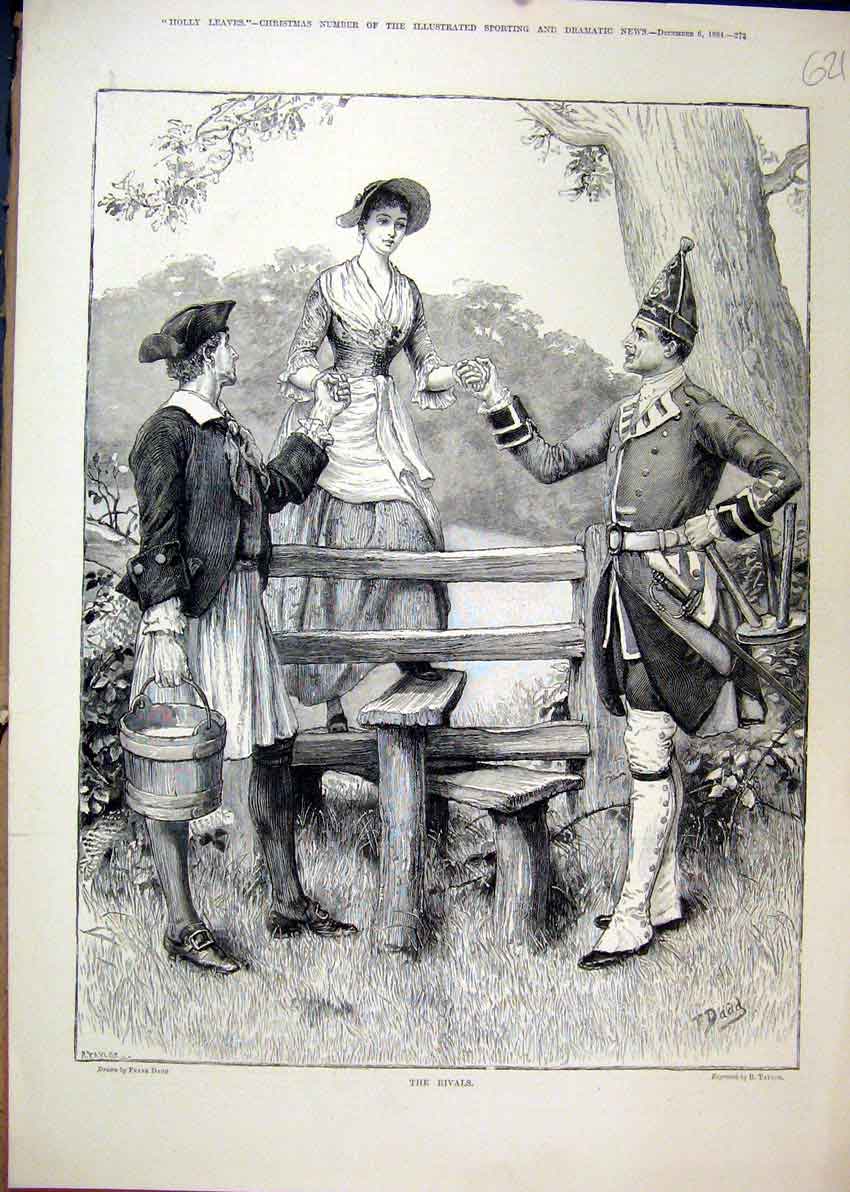 Original Old Antique Print 1884 Men Woman Wooden Fence Style Romance Victorian
