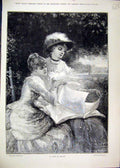 Original Old Antique Print 1884 Beautiful Women Reading Book Tree Sitting Garden