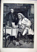 Original Old Antique Print Man Sitting Table 1884 Reading Letter Butler Dog 19th