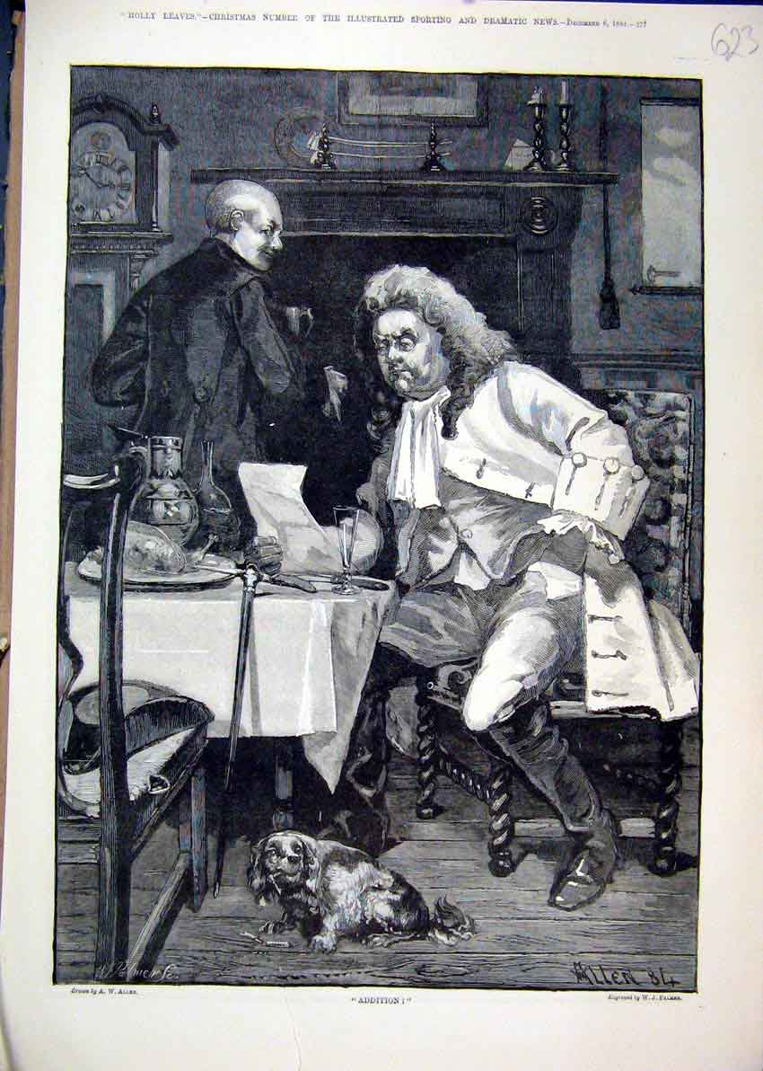 Original Old Antique Print Man Sitting Table 1884 Reading Letter Butler Dog 19th