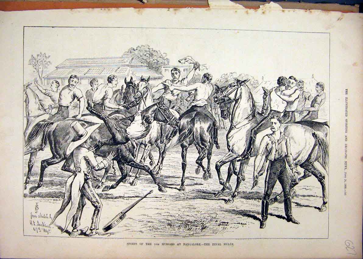 Original Old Antique Print 1880 Sports Hussars Bangalore Final Melee Horses 19th