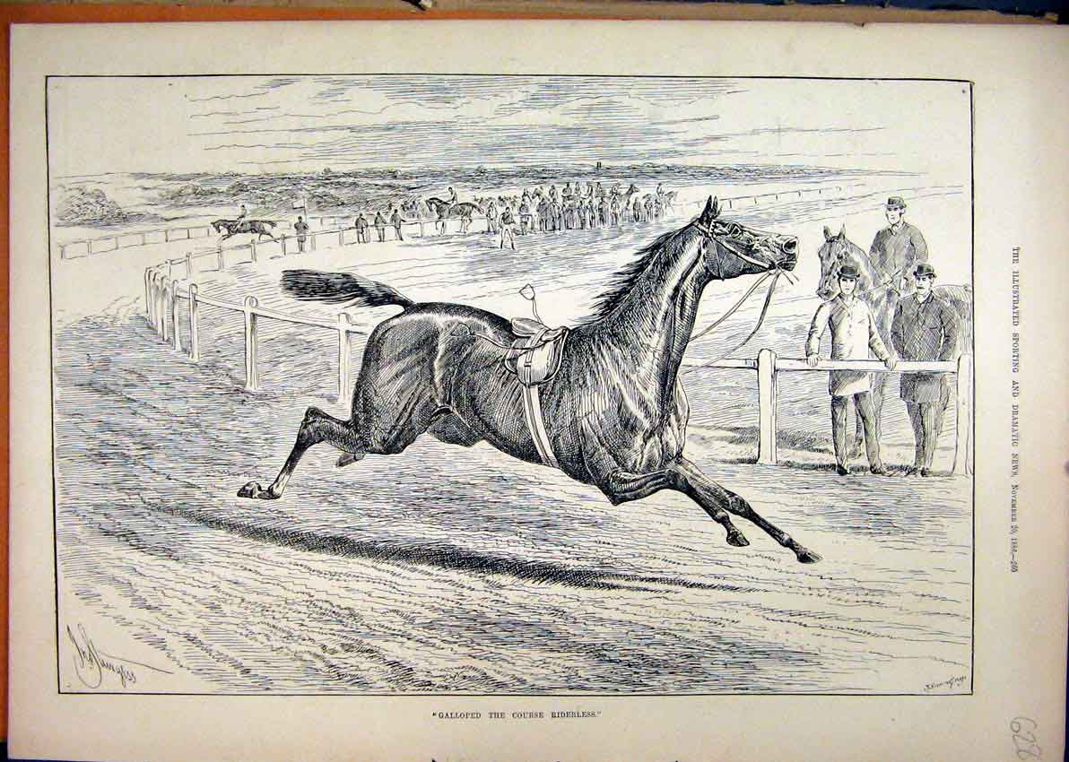 Original Old Antique Print 1886 Horse Racing Galloped Riderless Course Victorian