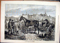 Original Old Antique Print 1877 Horse Sale Smithfield Men Building Street Scene