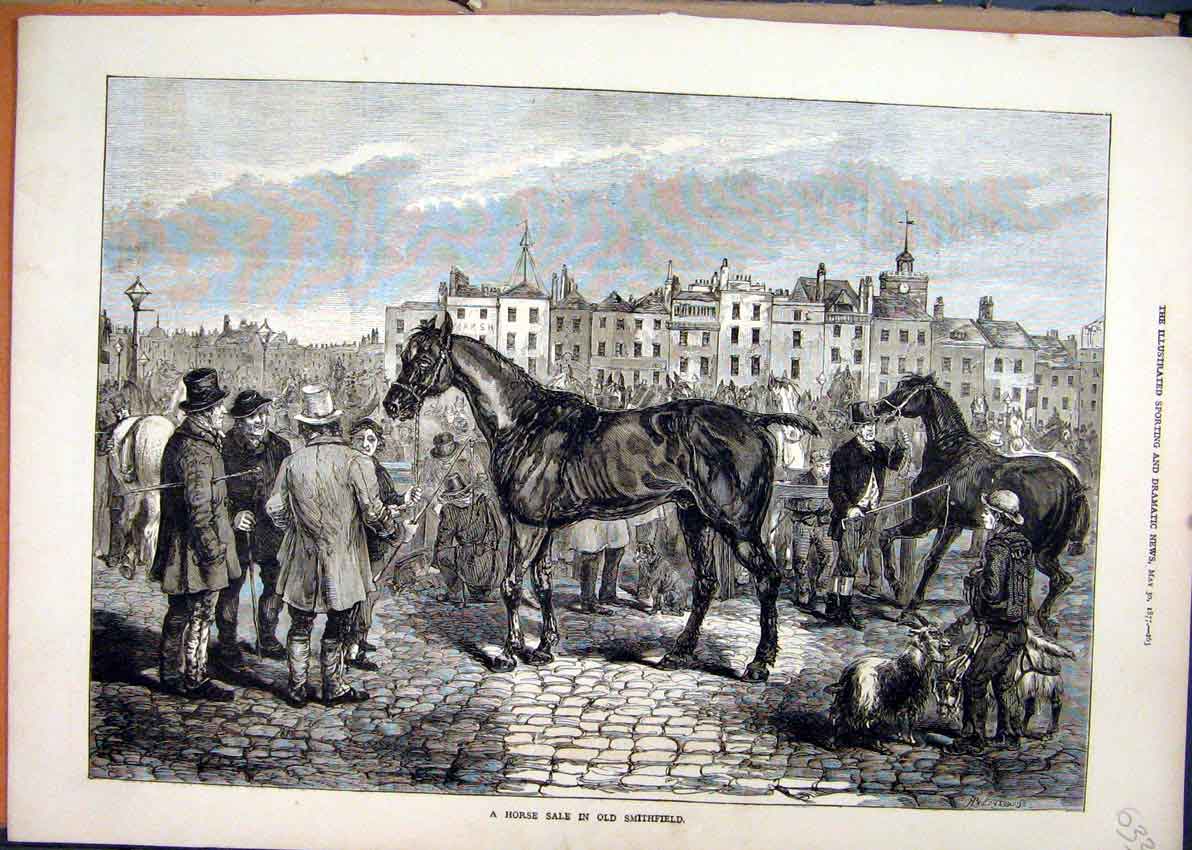 Original Old Antique Print 1877 Horse Sale Smithfield Men Building Street Scene