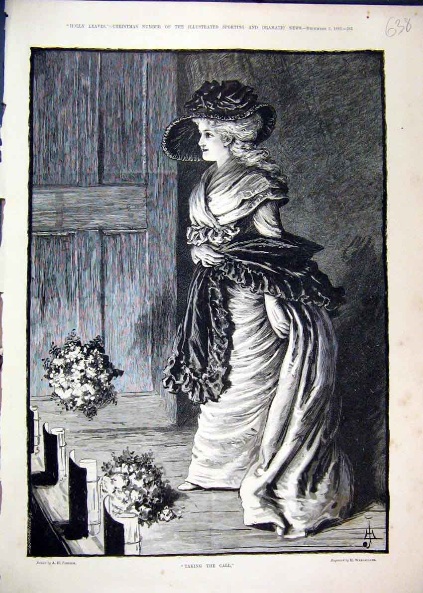 Original Old Antique Print 1885 Woman Beautiful Dress Flowers Hat Fine Art 19th
