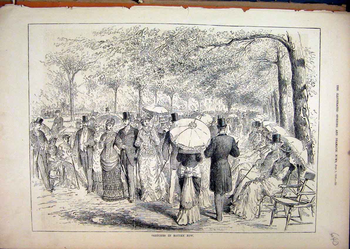Original Old Antique Print 1880 Sketches Rotten Row Romance Trees Parasol 19th