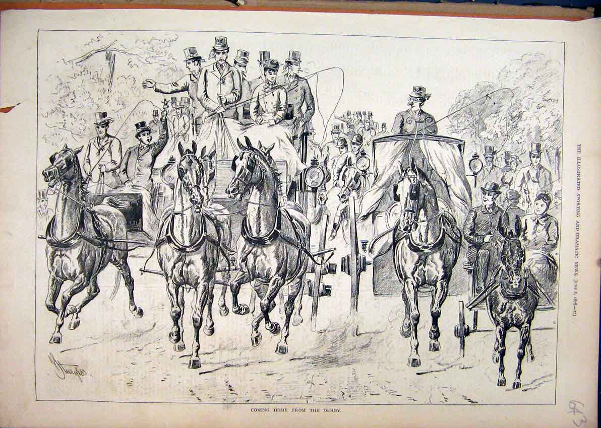 Original Old Antique Print Horse Carriage 1878 People Home Derby Race Course