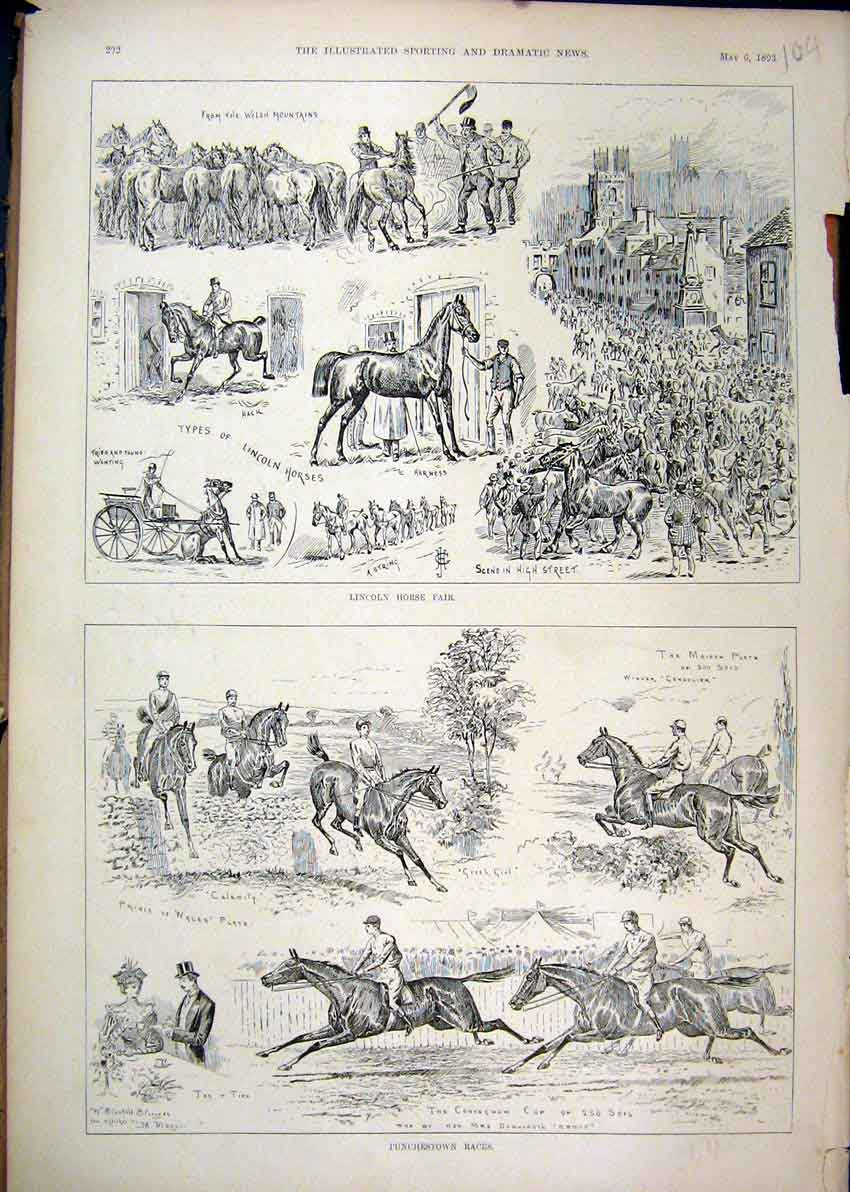 Original Old Antique Print 1893 Punchestown Races Lincoln Horse Fair Abbot Jump