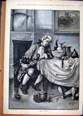 Original Old Antique Print 1883 Man Sleeping Dinner Table Lying Drunk Art 19th