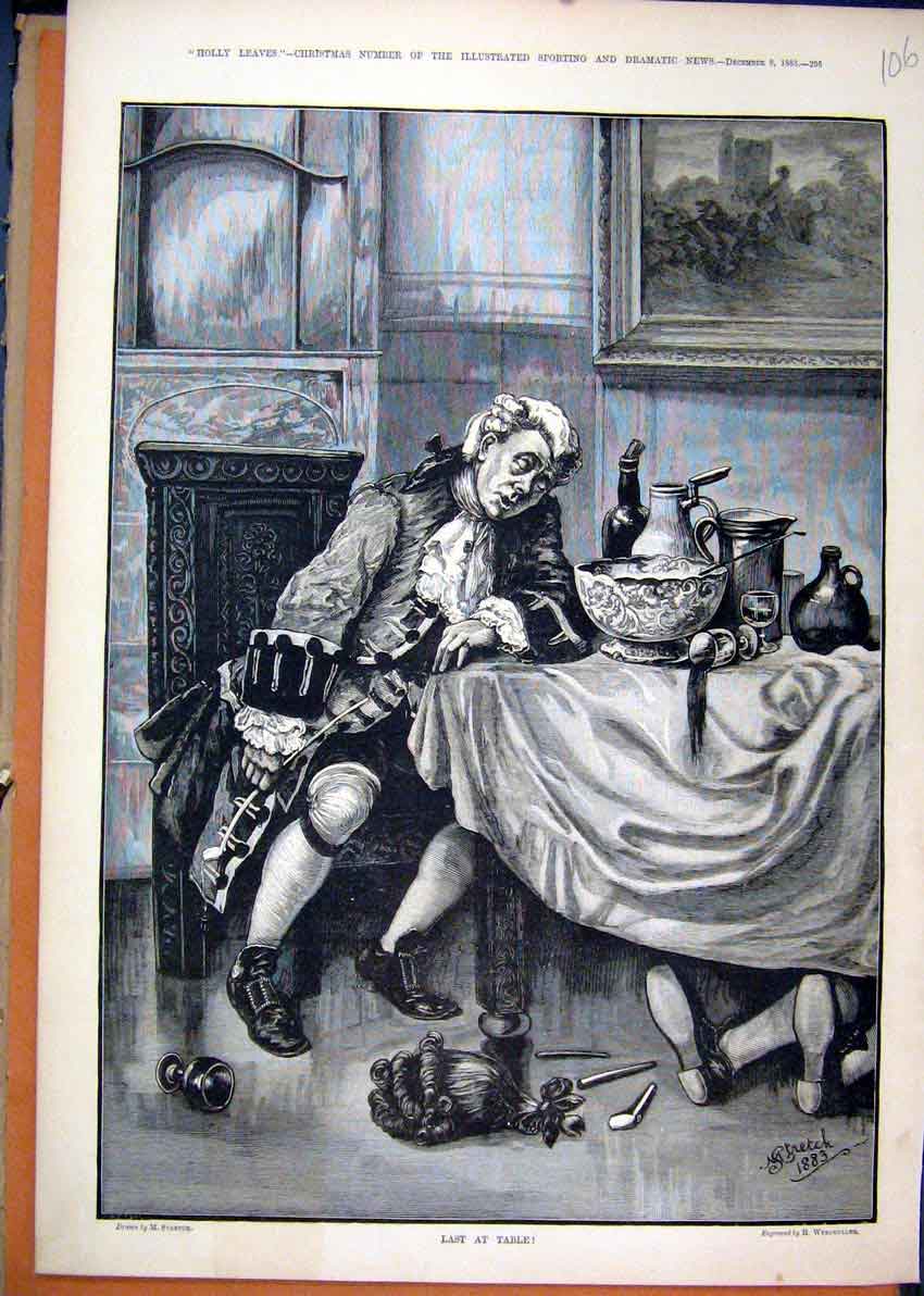 Original Old Antique Print 1883 Man Sleeping Dinner Table Lying Drunk Art 19th
